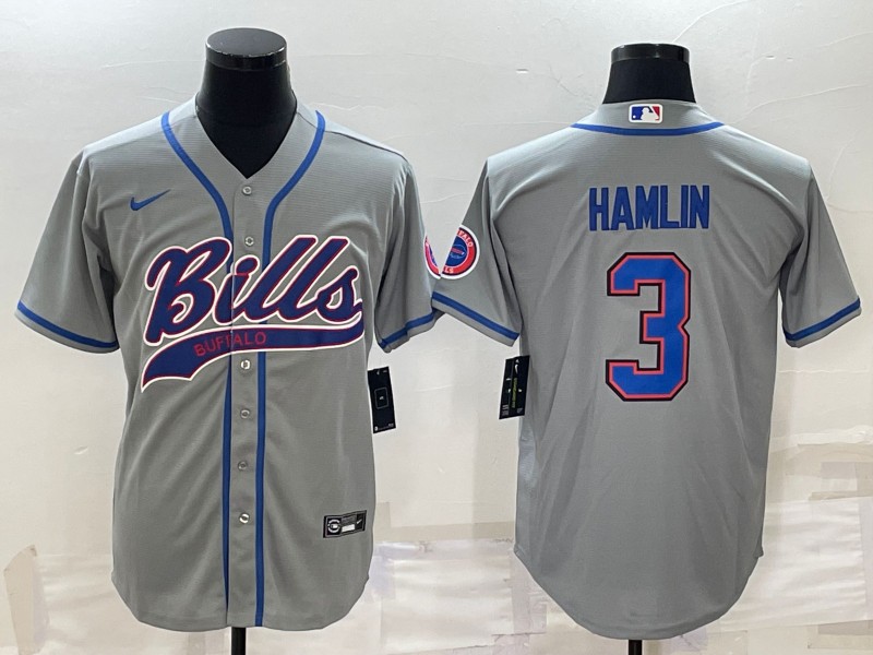 Men's Buffalo Bills #3 Damar Hamlin Gray With Patch Cool Base Stitched Baseball Jersey